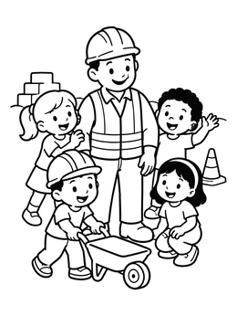 Kids gather around a builder in this construction worker coloring page.