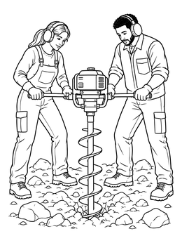A construction worker coloring page featuring two teammates drilling into the ground with an auger.