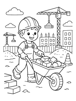 A cheerful construction worker coloring page featuring a young builder pushing a wheelbarrow on site.