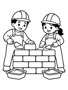 Free printable Young Builders Laying A Brick Wall coloring page