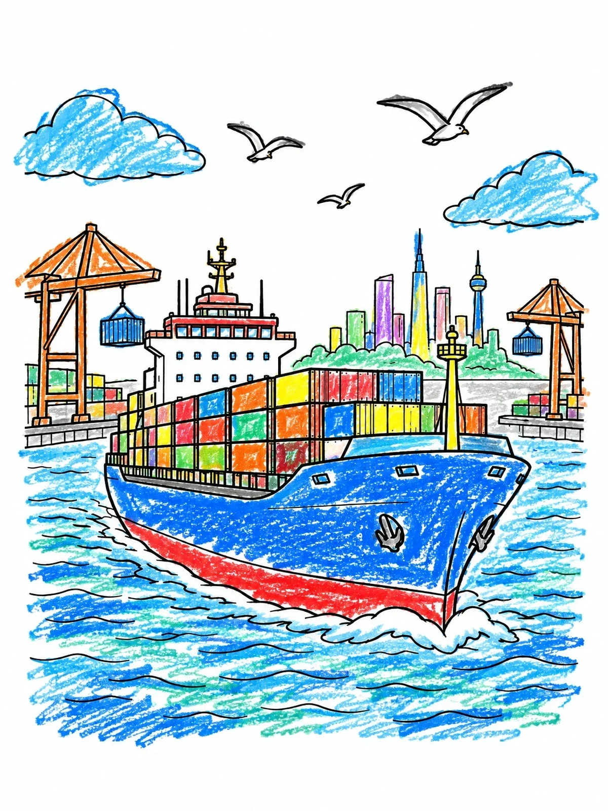 Colored example of the Container Cargo Ship In Harbor coloring page