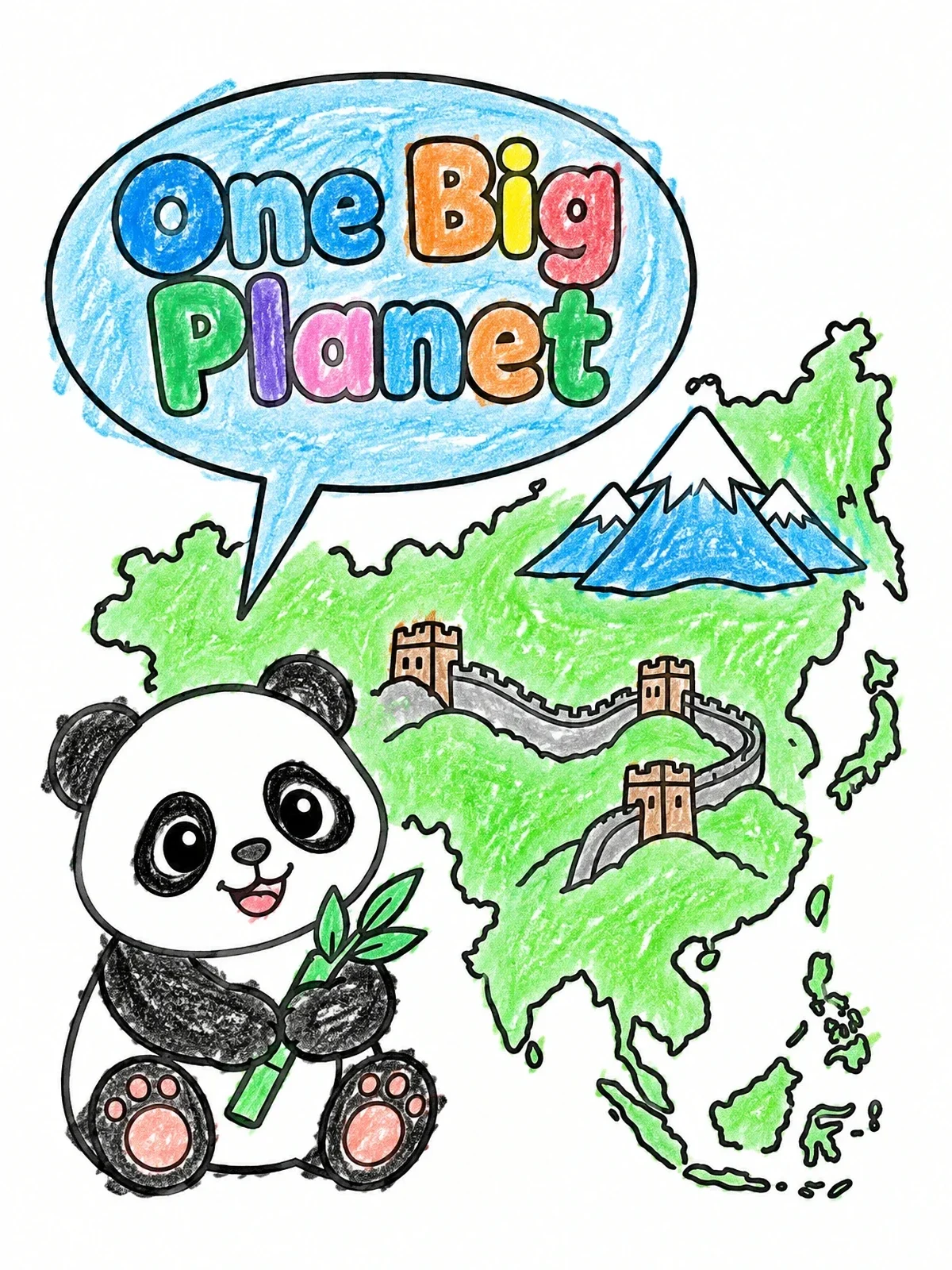 Colored example of the Asia Map With Cute Panda coloring page