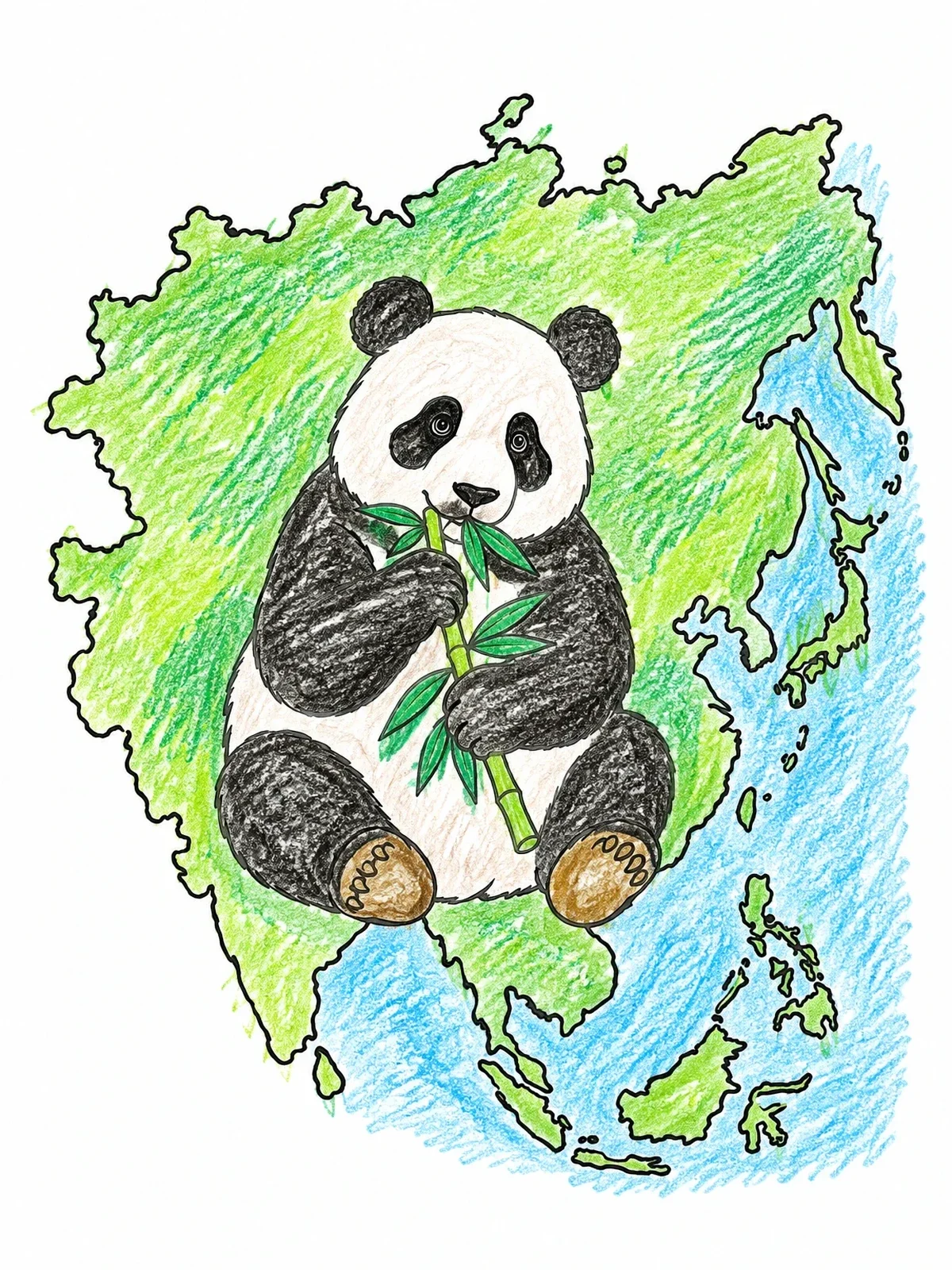 Colored example of the Asia Outline Map With Giant Panda coloring page