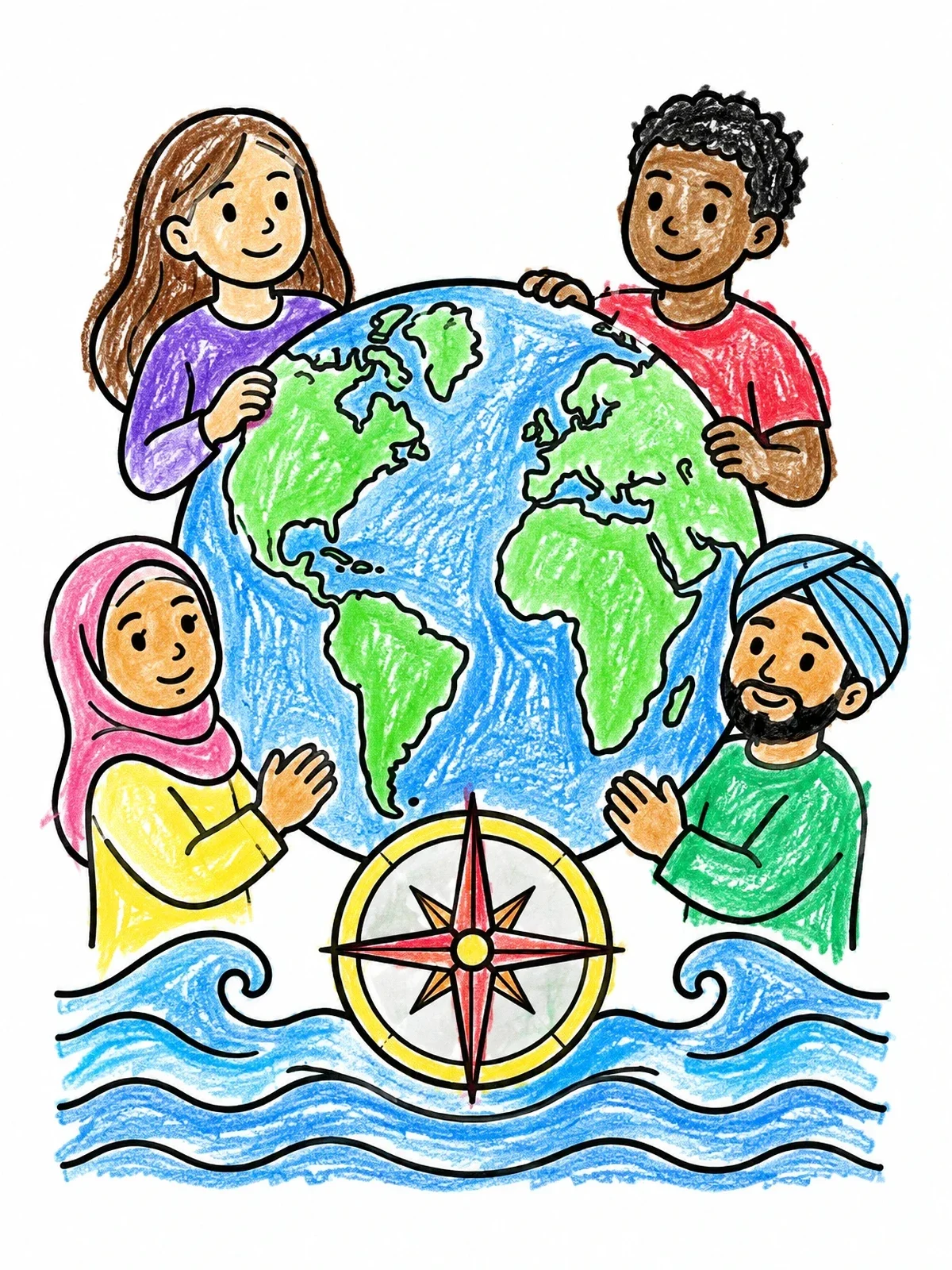 Colored example of the Children Holding Globe With Compass Rose coloring page