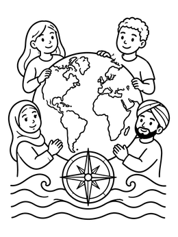 Free printable Children Holding Globe With Compass Rose coloring page