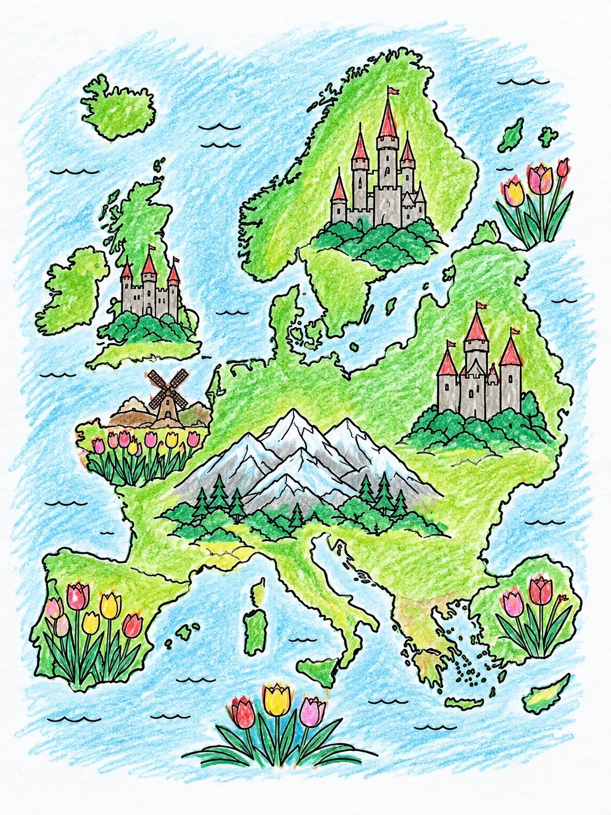 Colored example of the Illustrated Map Of Europe coloring page