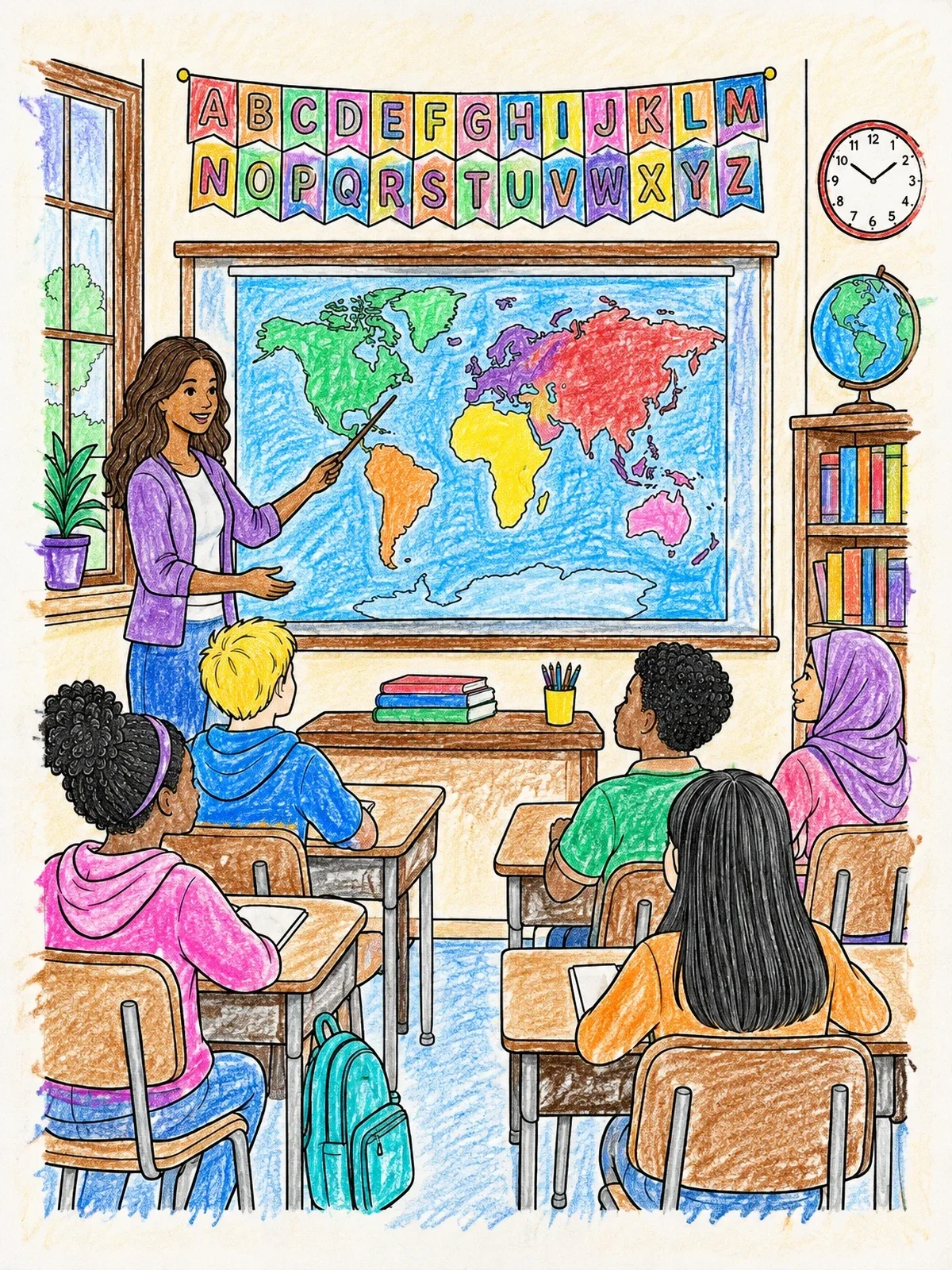 Colored example of the Geography Lesson In The Classroom coloring page