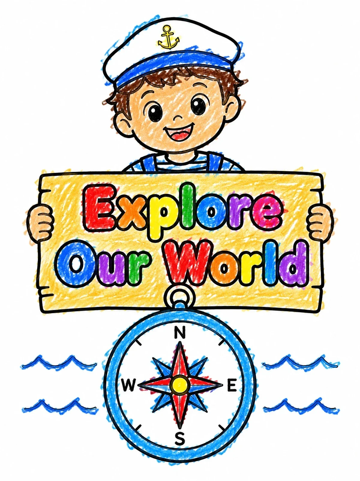 Colored example of the Little Sailor With Compass And Sign coloring page