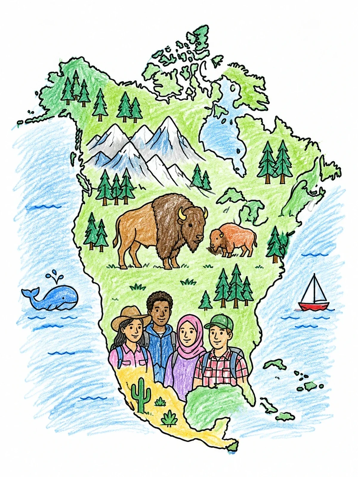 Colored example of the North America Map With Wildlife And Hikers coloring page