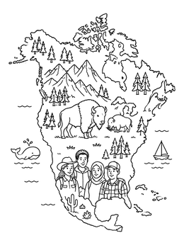 Free printable North America Map With Wildlife And Hikers coloring page