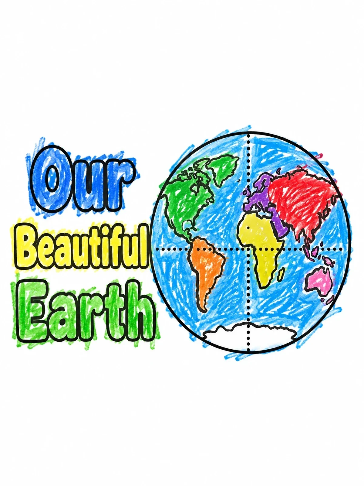 Colored example of the Our Beautiful Earth Globe Map coloring page