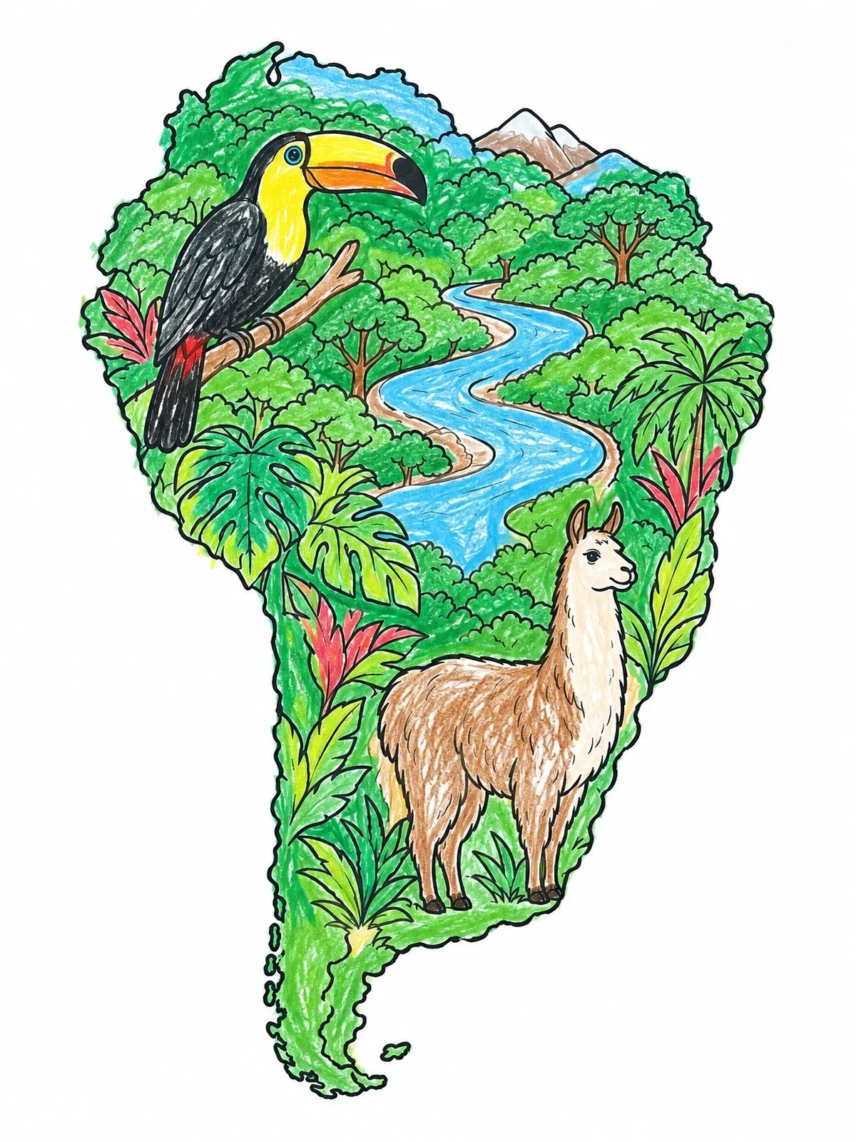Colored example of the South America Map With Wildlife coloring page