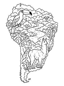 South America Map with Wildlife coloring page