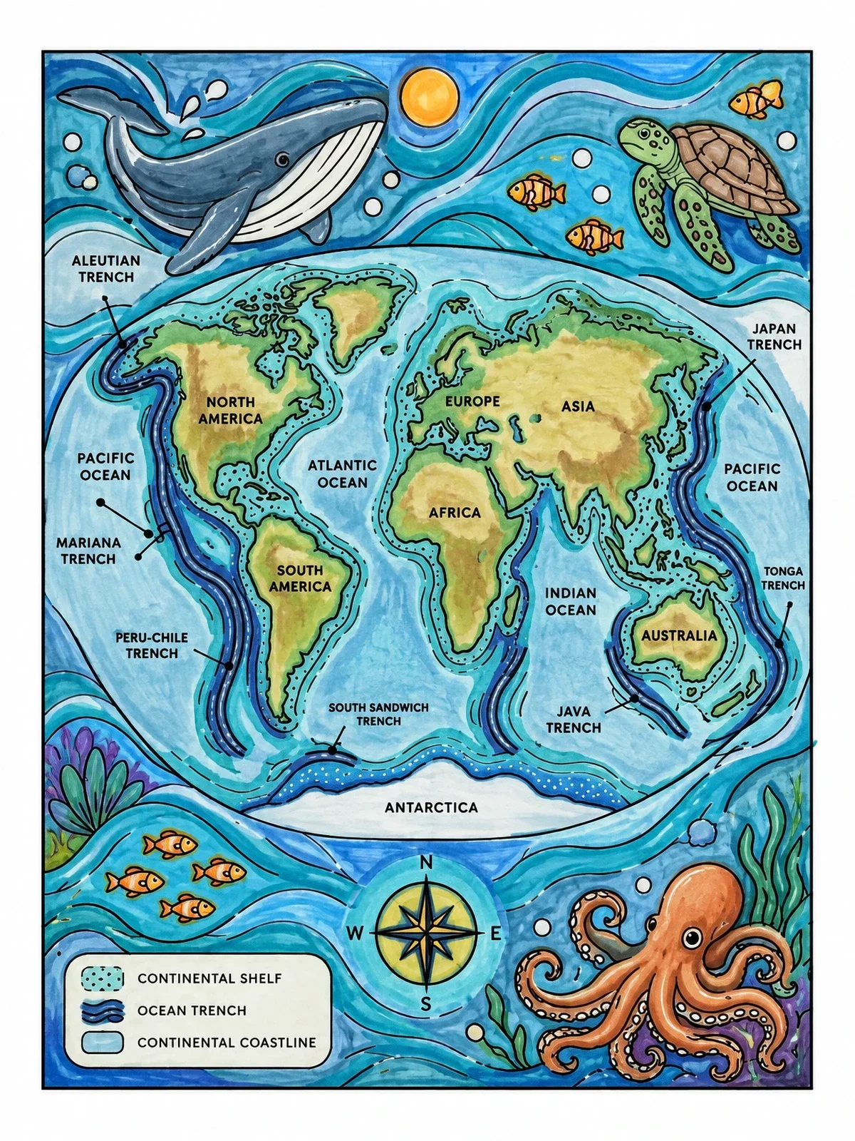 Colored example of the World Map With Ocean Trenches And Marine Life coloring page