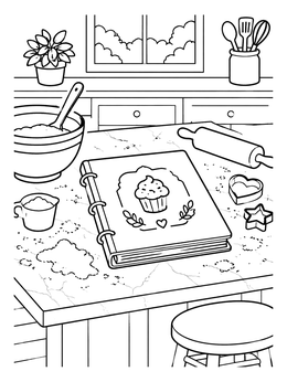 A sweet recipe binder on a baking counter in this cookbook coloring page.