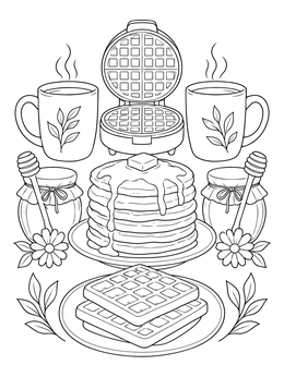 A cozy cookbook coloring page featuring pancakes, waffles, coffee, and honey jars.