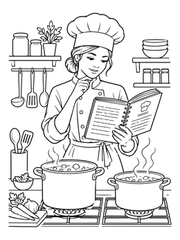 A chef reads a recipe in this cookbook coloring page while pots simmer on the stove.