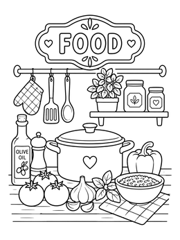 A cozy kitchen divider on this cookbook coloring page features fresh vegetables, utensils, and a pot.