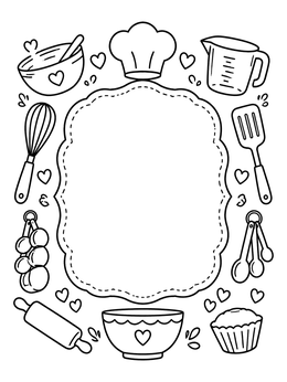Baking utensils frame a blank card in this cookbook coloring page.