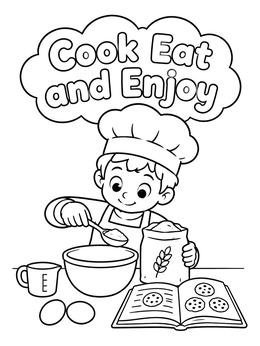 A boy baking with flour and an open cookbook coloring page.