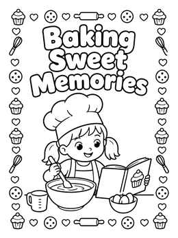 A cookbook coloring page of a girl baking batter and reading her recipe.