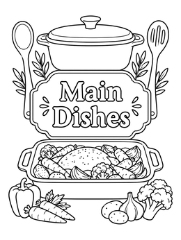 A cookbook coloring page displaying a Main Dishes sign framed by pots and roasted vegetables.