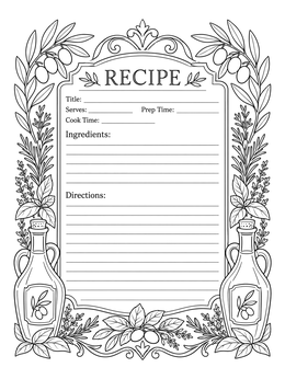 Blank cookbook coloring page framed with olive branches, glass oil carafes, and fresh culinary herbs.
