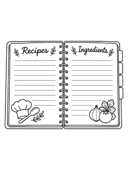 An open cookbook coloring page with lined pages for recipes, ingredients, and culinary illustrations.
