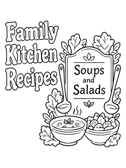A cookbook coloring page showing soup bowls, fresh salad, ladles, and decorative lettering.