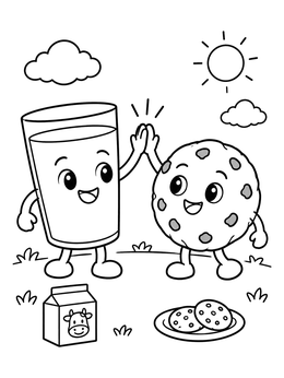 A cheerful glass of milk and smiling friend celebrate in this cookie coloring page.