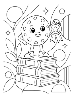 A cheerful cookie coloring page featuring a character on books holding an award ribbon.