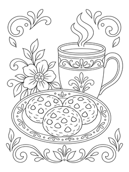A cozy cookie coloring page featuring three chocolate chip cookies on a plate by a steaming mug.