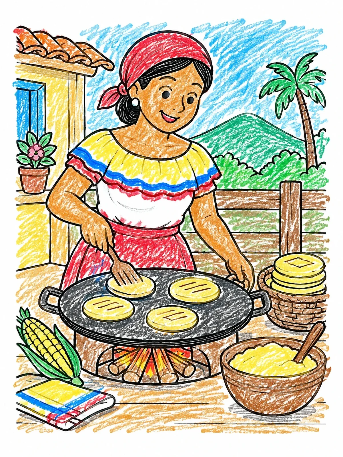 Colored example of the Cooking Arepas On The Budare coloring page