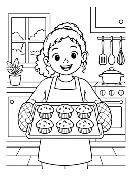 Free printable Girl Baking Fresh Muffins coloring page