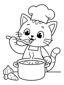 Free printable Kitten Chef Tasting Warm Soup coloring page