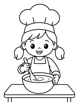 Free printable Little Girl Baker Stirring Batter coloring page