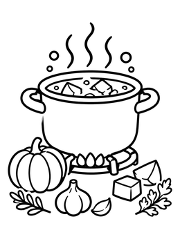 Free printable Cooking Pot With Pumpkin Soup Ingredients coloring page