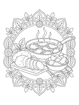 Detailed potato coloring page featuring sliced potatoes, a sizzling frying pan, and an ornate mandala frame.