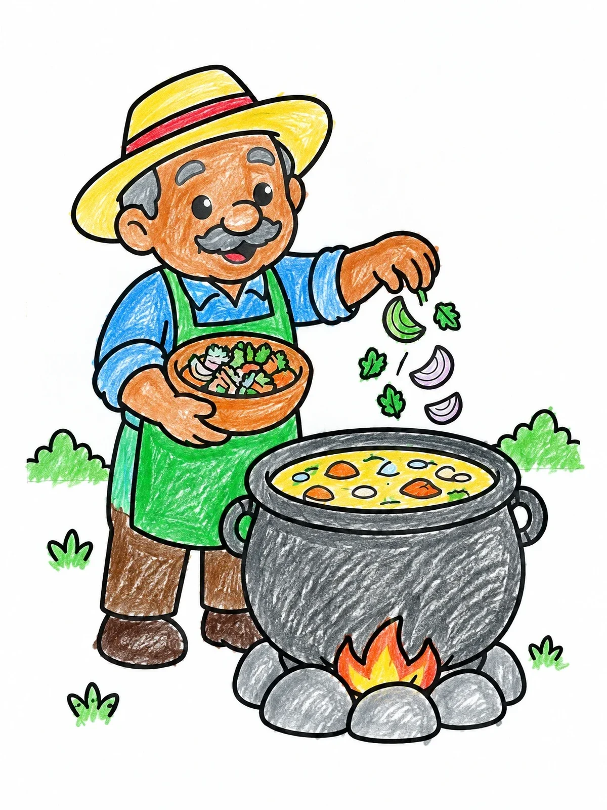 Colored example of the Cooking Stone Soup Cauldron coloring page