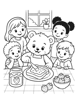Free printable Teddy Bear Spreading Strawberry Jam coloring page