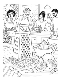A detailed kitchen coloring page showing a box grater, citrus squeezer, and friends cooking together.