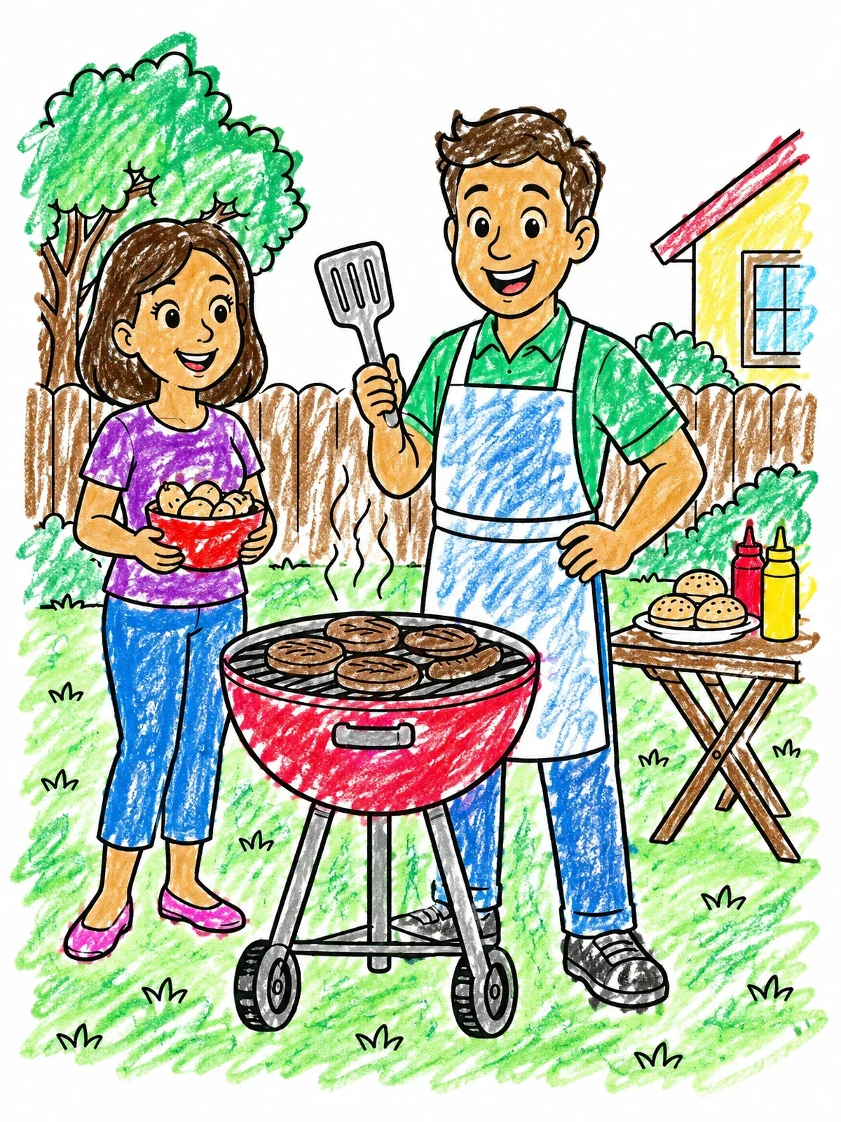 Colored example of the Family Barbecue In The Backyard coloring page
