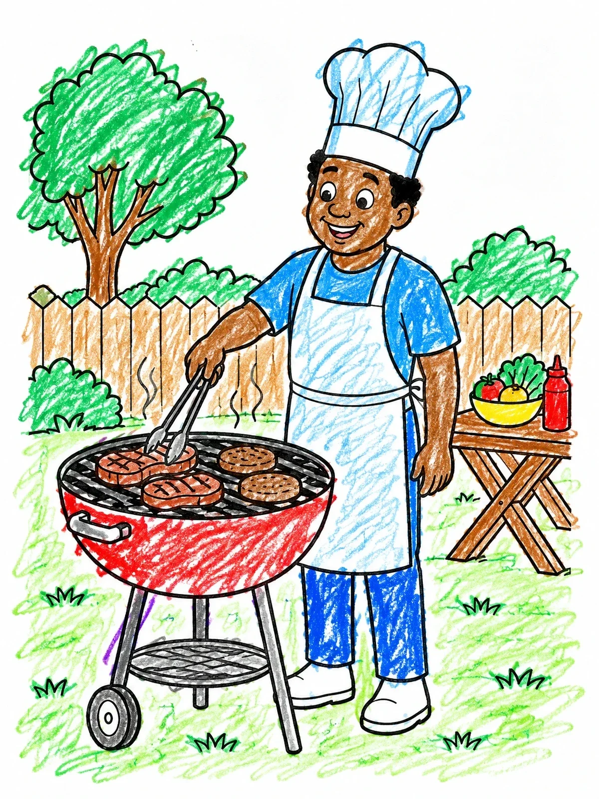 Colored example of the Smiling Chef At The Backyard Grill coloring page