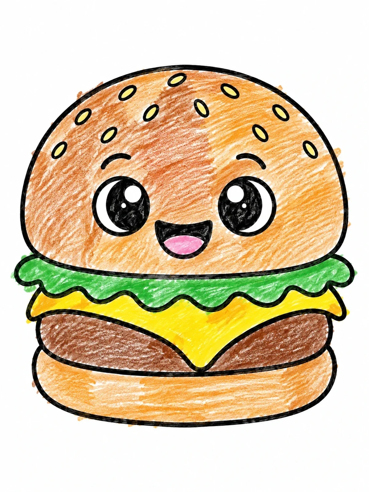 Colored example of the Cute Cartoon Cheeseburger coloring page