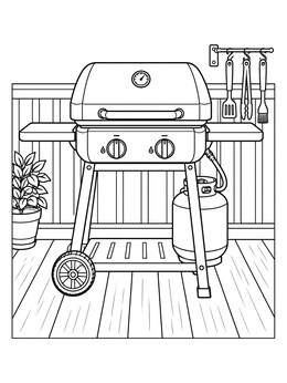 A modern gas barbecue on a wooden deck in this cookout coloring page.