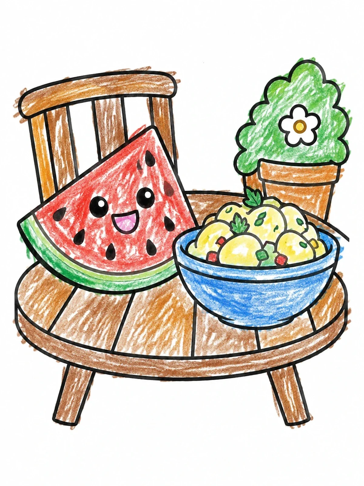 Colored example of the Happy Watermelon And Salad On Patio Table coloring page