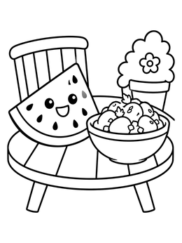 Free printable Happy Watermelon And Salad On Patio Table coloring page