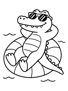 A cheerful cartoon alligator coloring page showing the reptile floating in an inner tube with sunglasses.