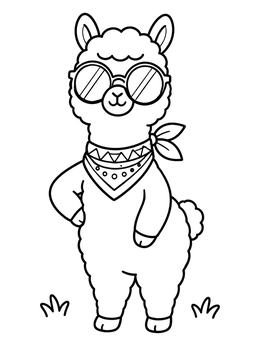 A cool alpaca coloring page featuring round sunglasses and a neck bandana.