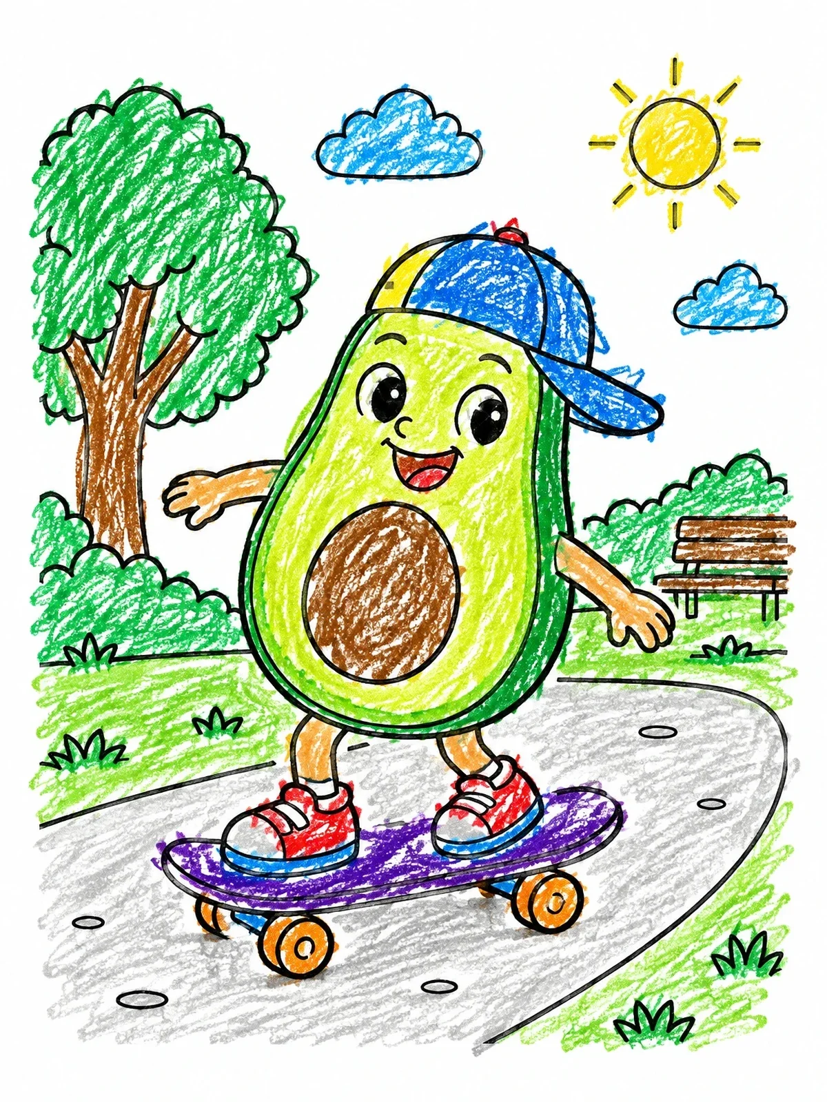 Colored example of the Cool Avocado On A Skateboard coloring page